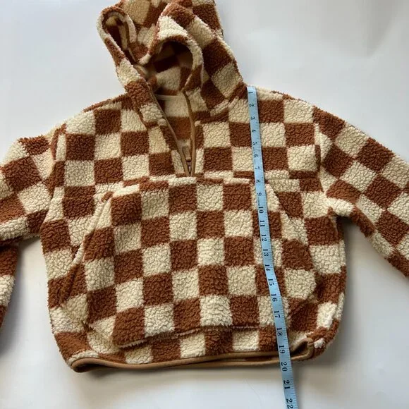 Gap Kids XL (12) Cream & Brown Checkered Hooded Fleece Pullover Jacket - Picture 7 of 8